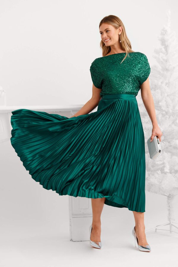Midi Pleat Skirt In Emerald Satin - Image 3