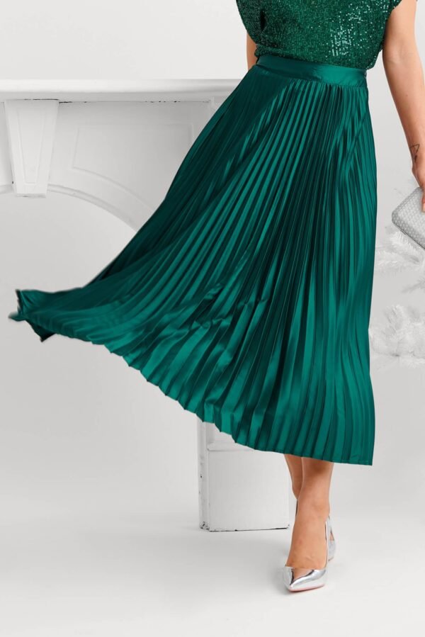 Midi Pleat Skirt In Emerald Satin