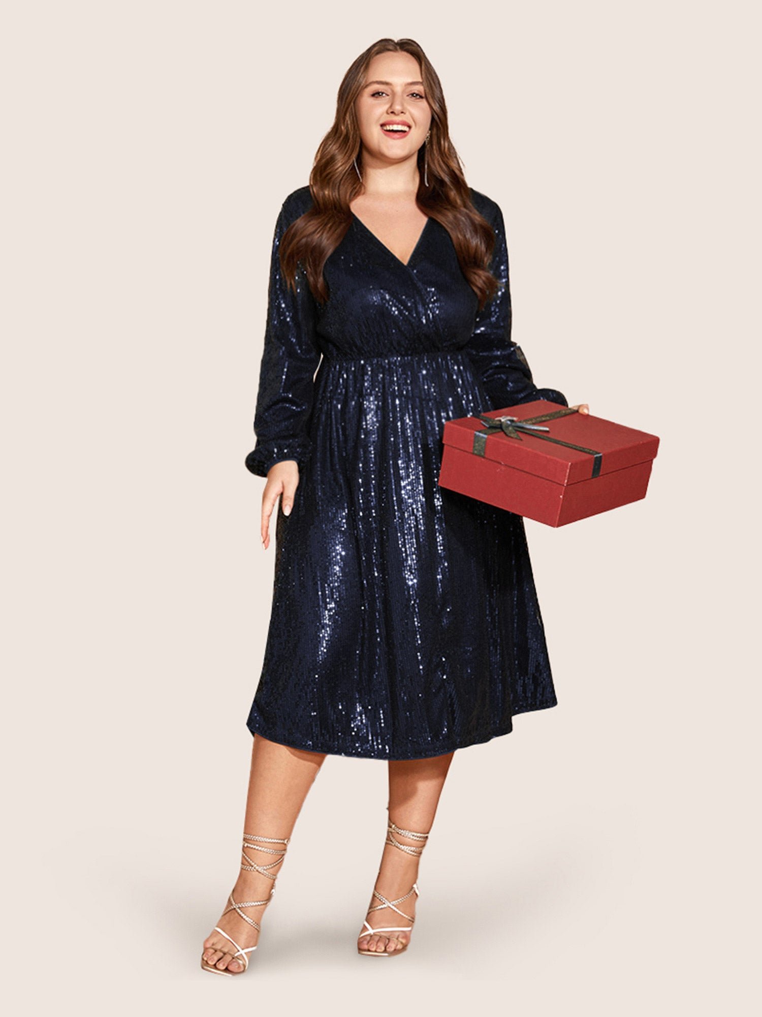Solid Pocket Lantern Sleeve Wrap Sequin Dress - Image 26