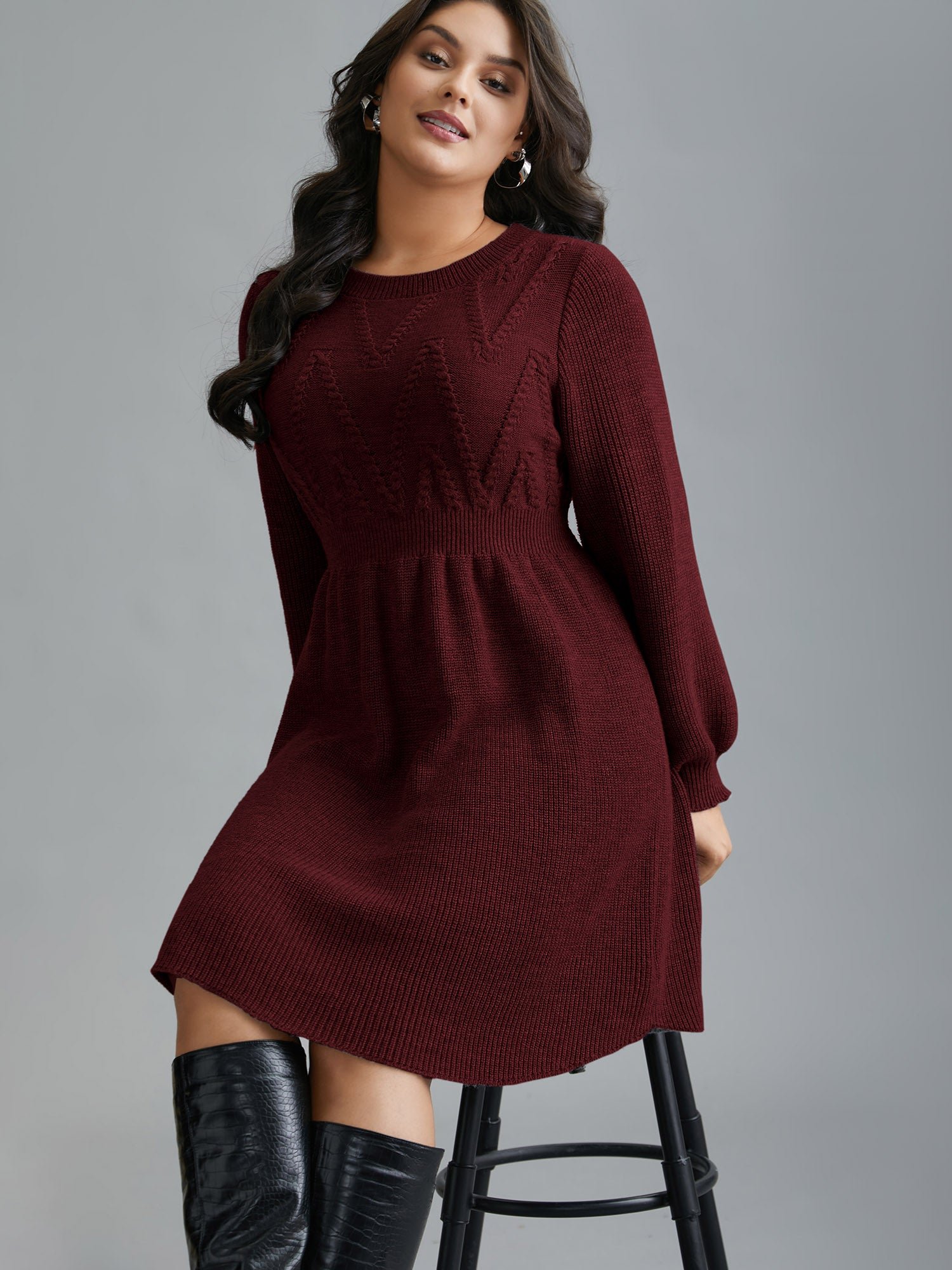 Cable Knit Elastic Waist Midi Sweater Dress - Image 11