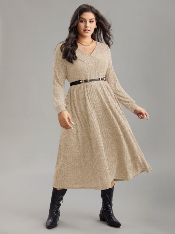 Rib Knit Plain Plisse Long Sleeve Dress - Image 59