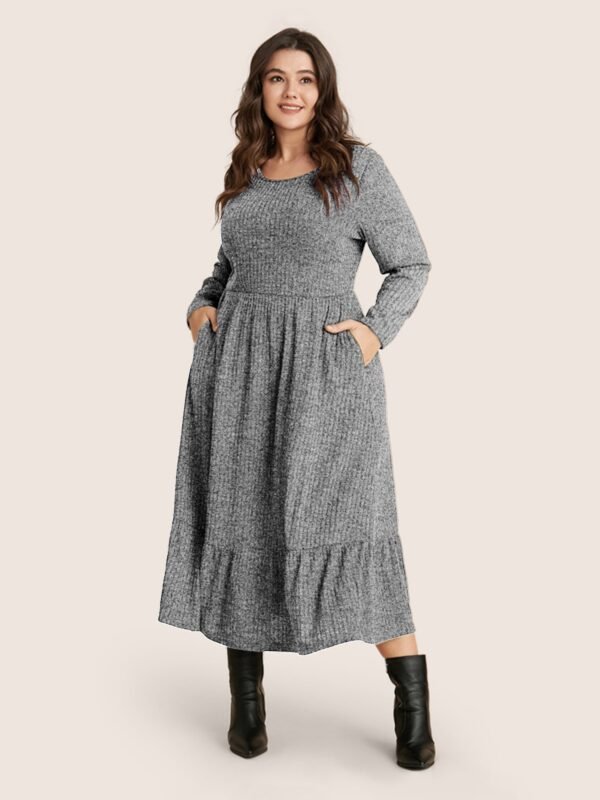 Solid Pocket Rib Knit Ruffle Hem Dress Without Belt - Image 59