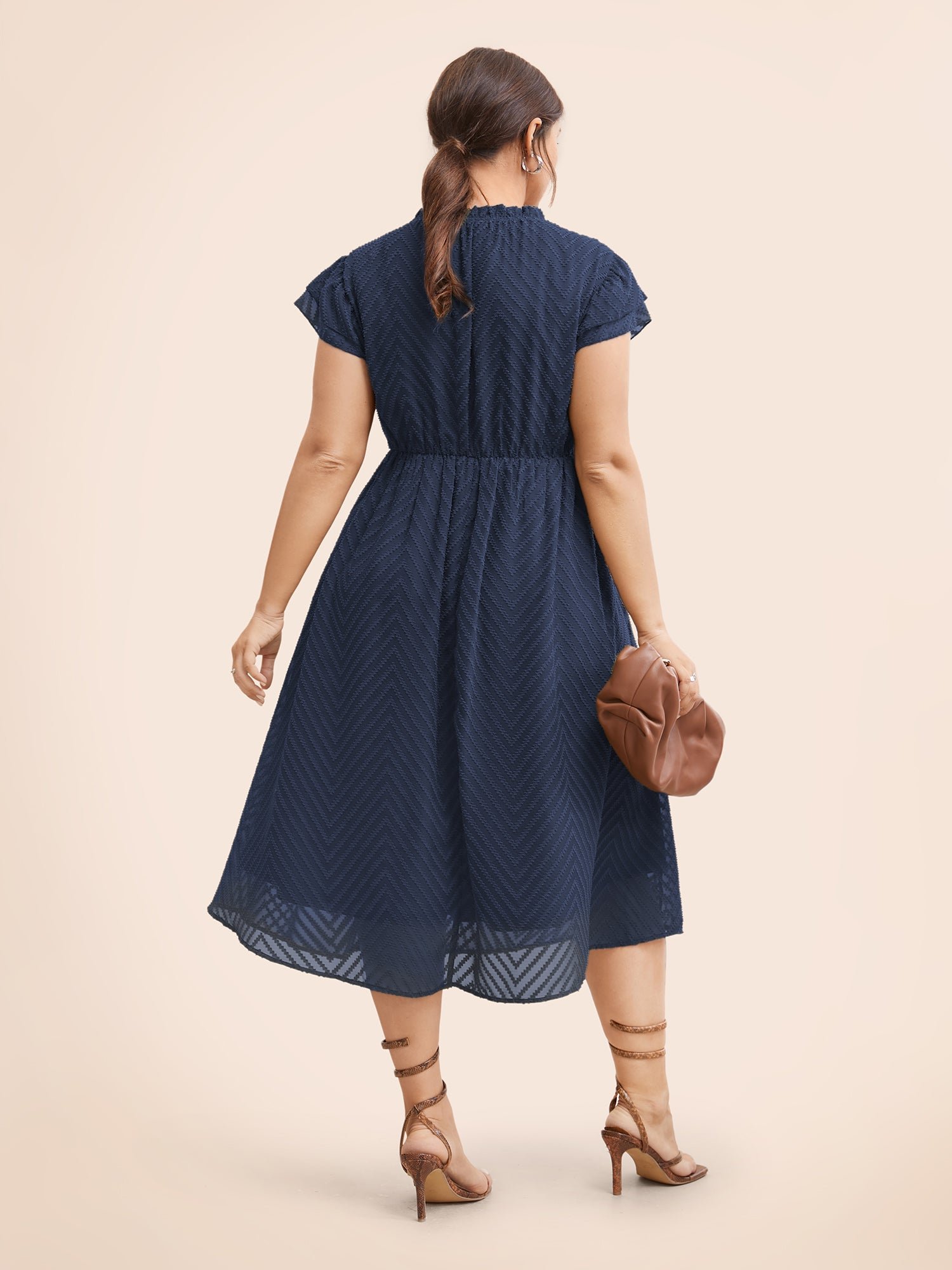 Plain Geometric Layered Sleeve Pocket Ruffle Mock Neck Dress - Image 12