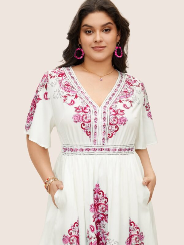 Bandana Print Ruffle Sleeve V Neck Pocket Knee Dress - Image 25