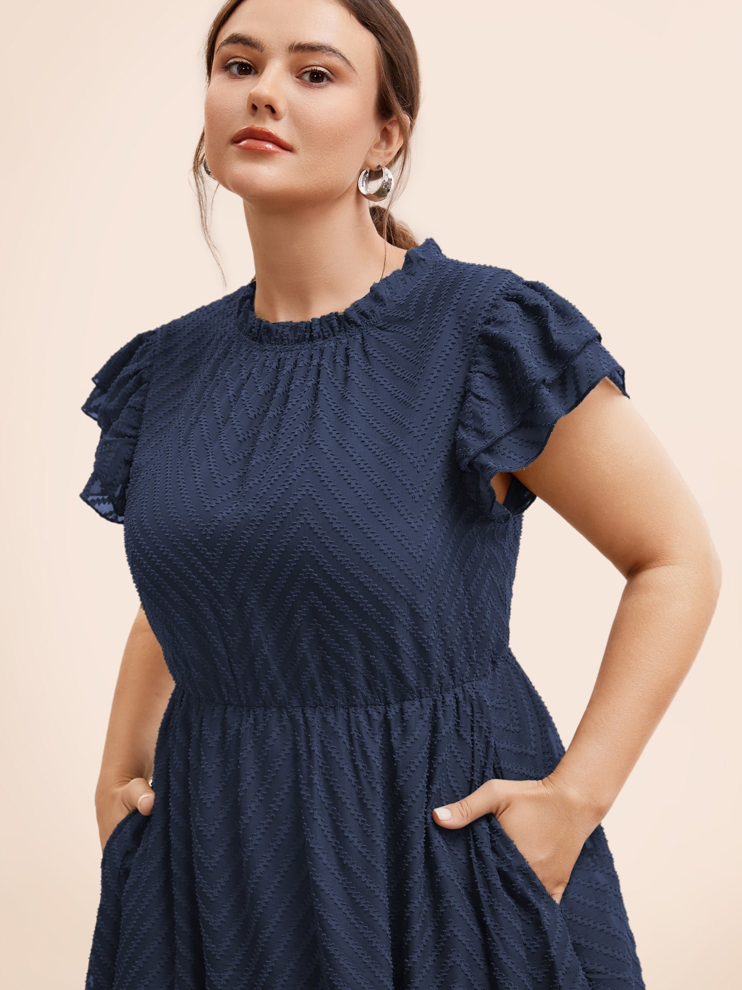 Plain Geometric Layered Sleeve Pocket Ruffle Mock Neck Dress - Image 10
