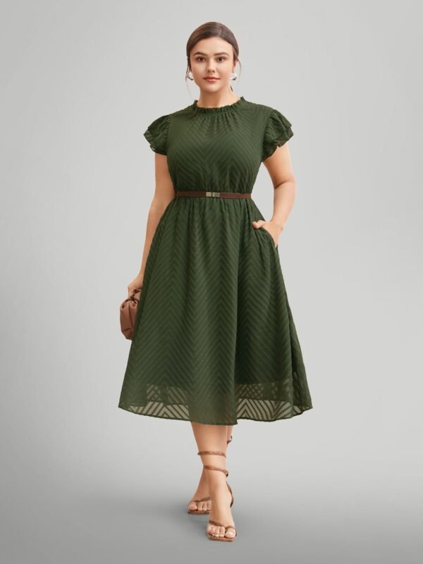Plain Geometric Layered Sleeve Pocket Ruffle Mock Neck Dress - Image 5