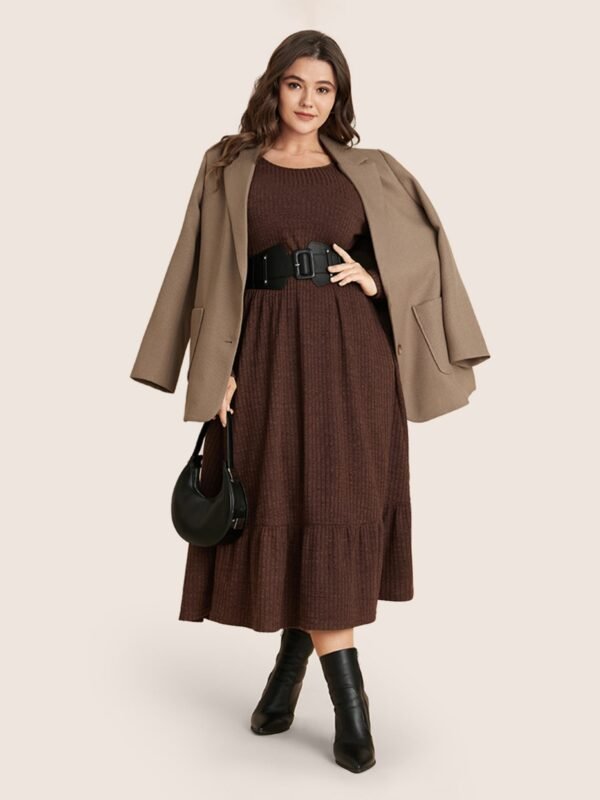 Solid Pocket Rib Knit Ruffle Hem Dress Without Belt - Image 50