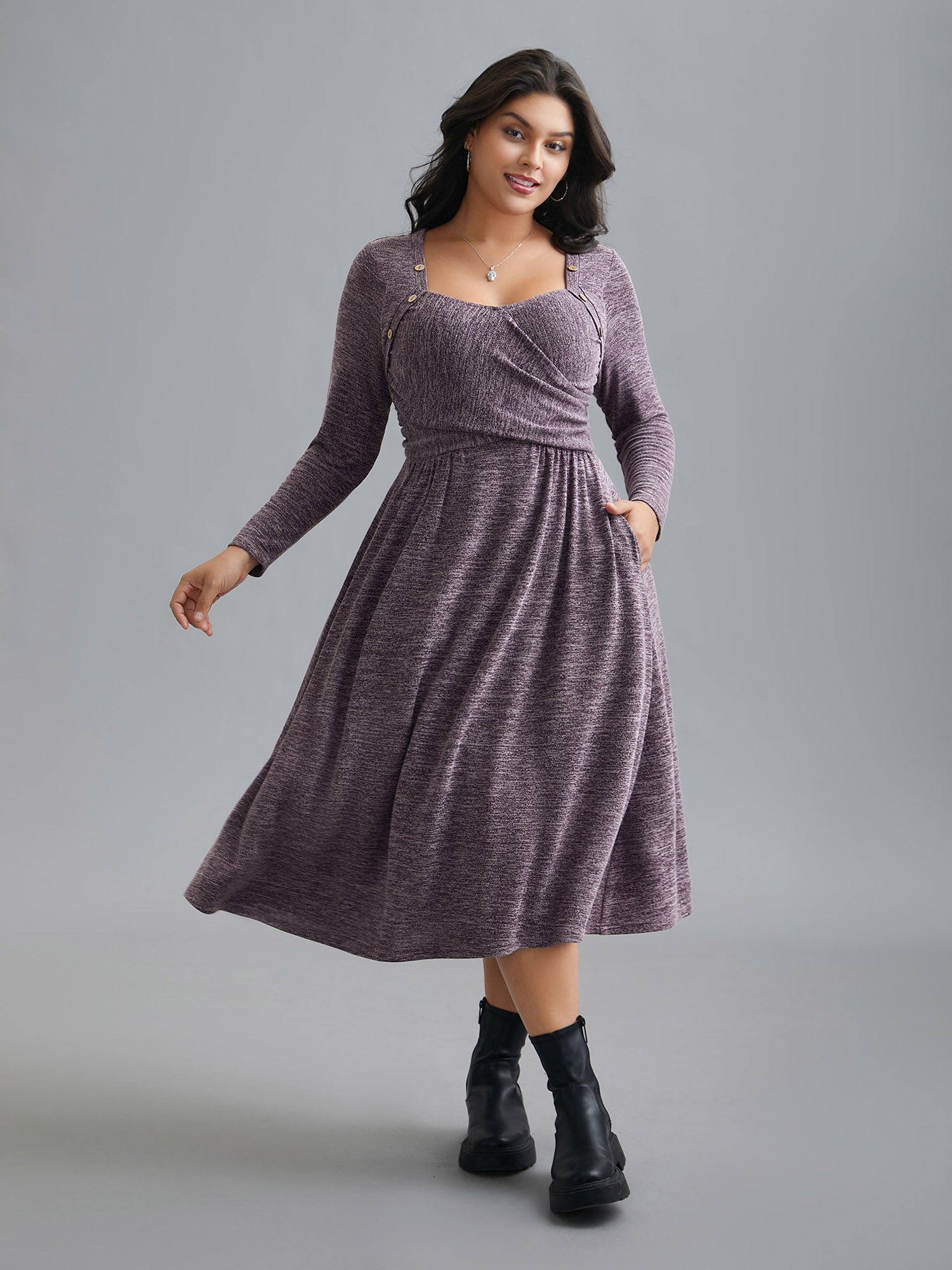 Heart Neckline Button Detailing Crossover Fit Dress - Image 2
