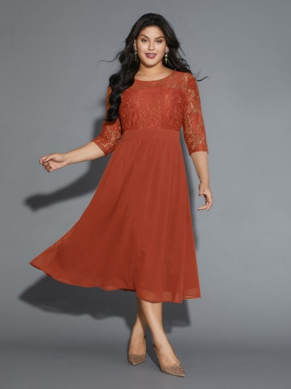 Lace Patchwork Shirred Midi Pocket Dress - Image 52