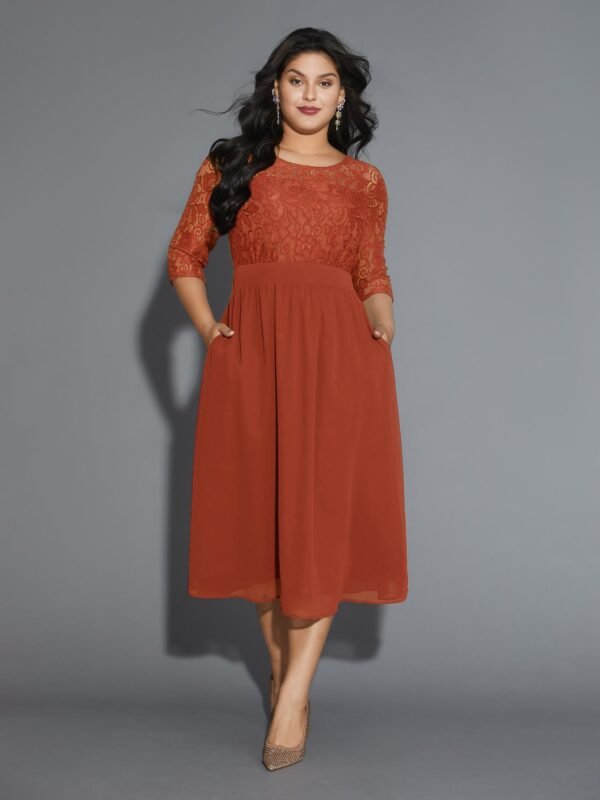 Lace Patchwork Shirred Midi Pocket Dress - Image 50