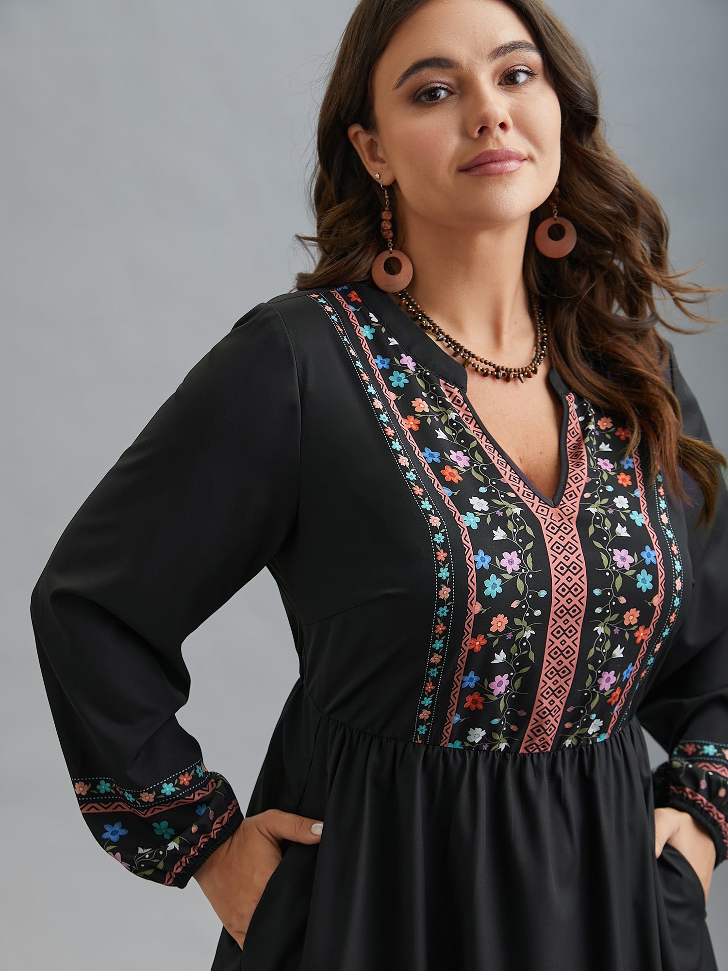 Notched Collar Boho Print Midi Dress - Image 4