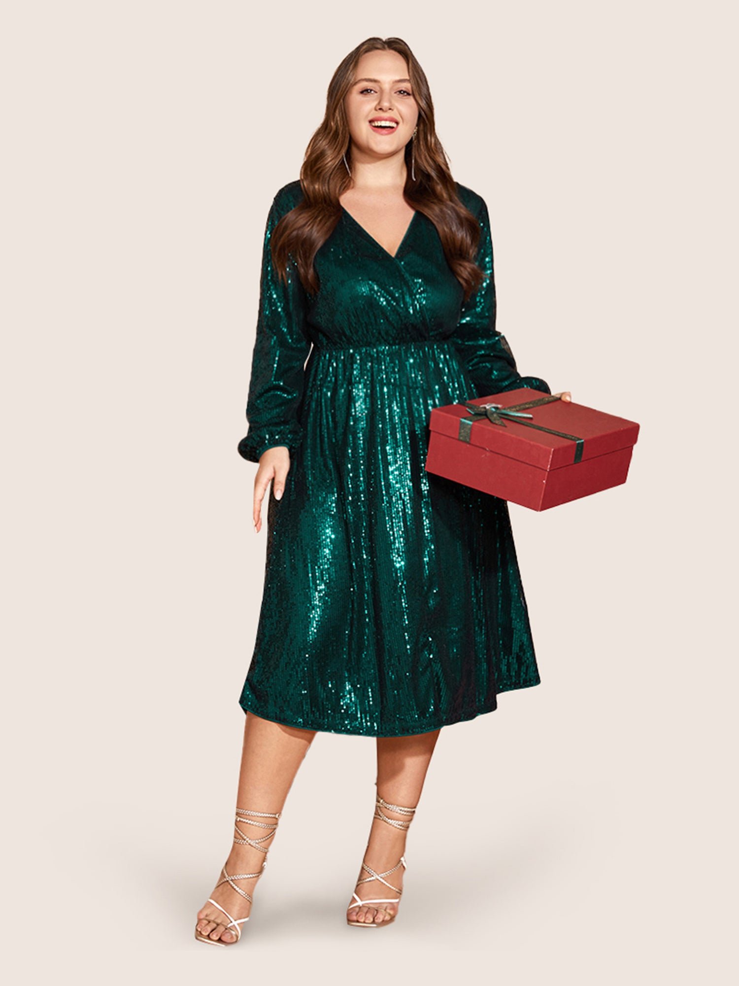 Solid Pocket Lantern Sleeve Wrap Sequin Dress - Image 2