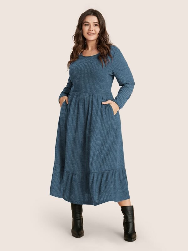 Solid Pocket Rib Knit Ruffle Hem Dress Without Belt - Image 45