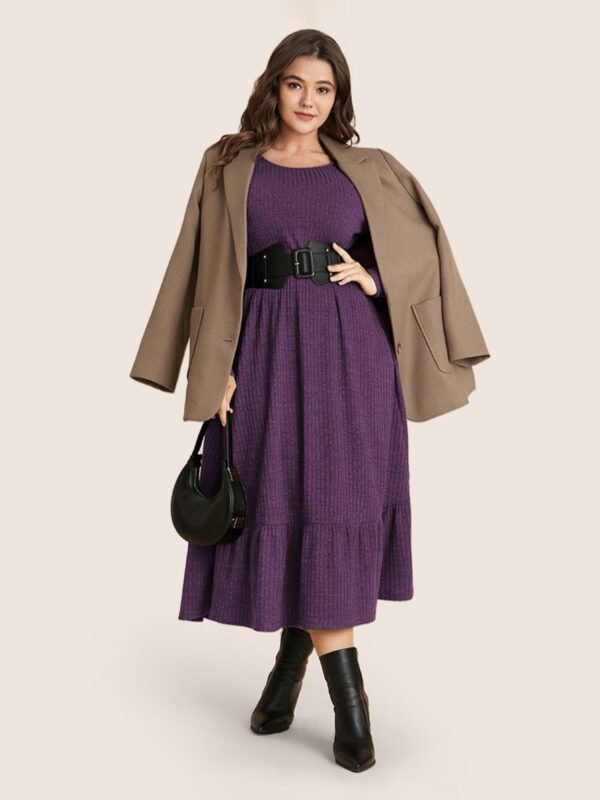 Solid Pocket Rib Knit Ruffle Hem Dress Without Belt - Image 29