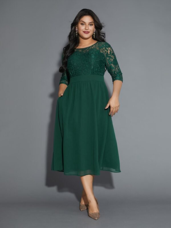 Lace Patchwork Shirred Midi Pocket Dress - Image 25