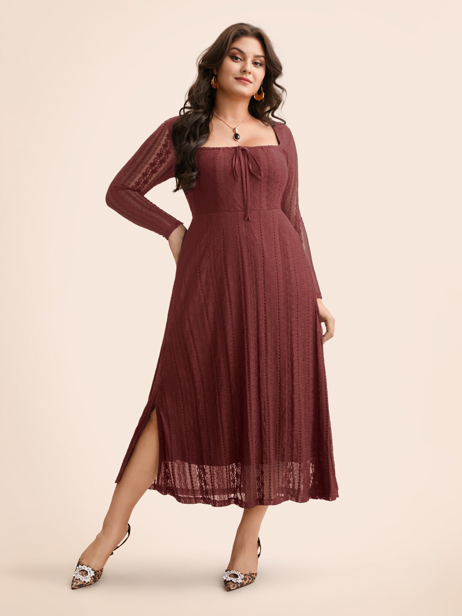 Lace Panel Square Neck Tie Knot Dress - Image 12