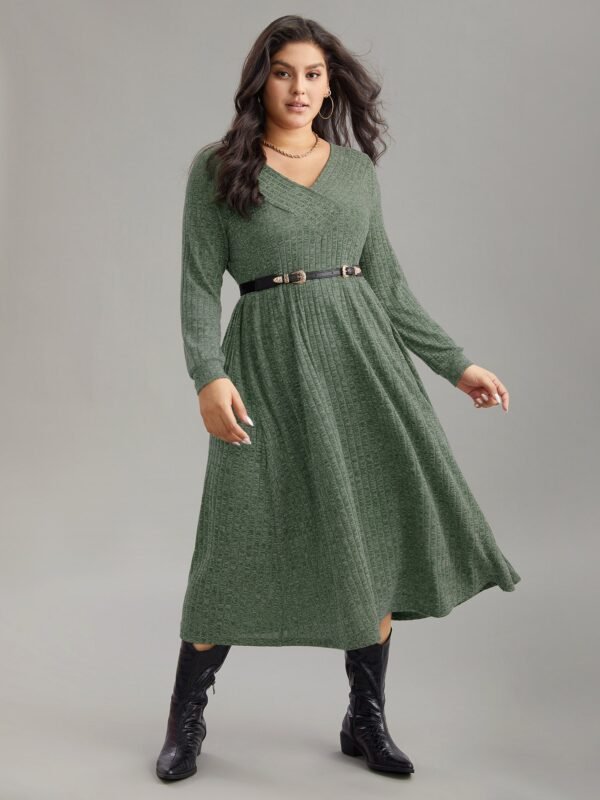 Rib Knit Plain Plisse Long Sleeve Dress - Image 39