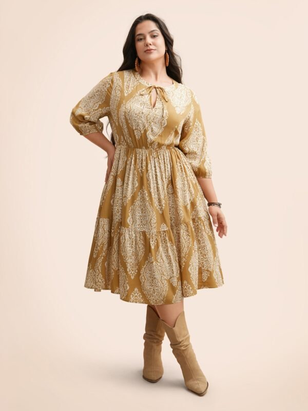 Boho Print Tie Knot Puff Sleeve Dress - Image 36
