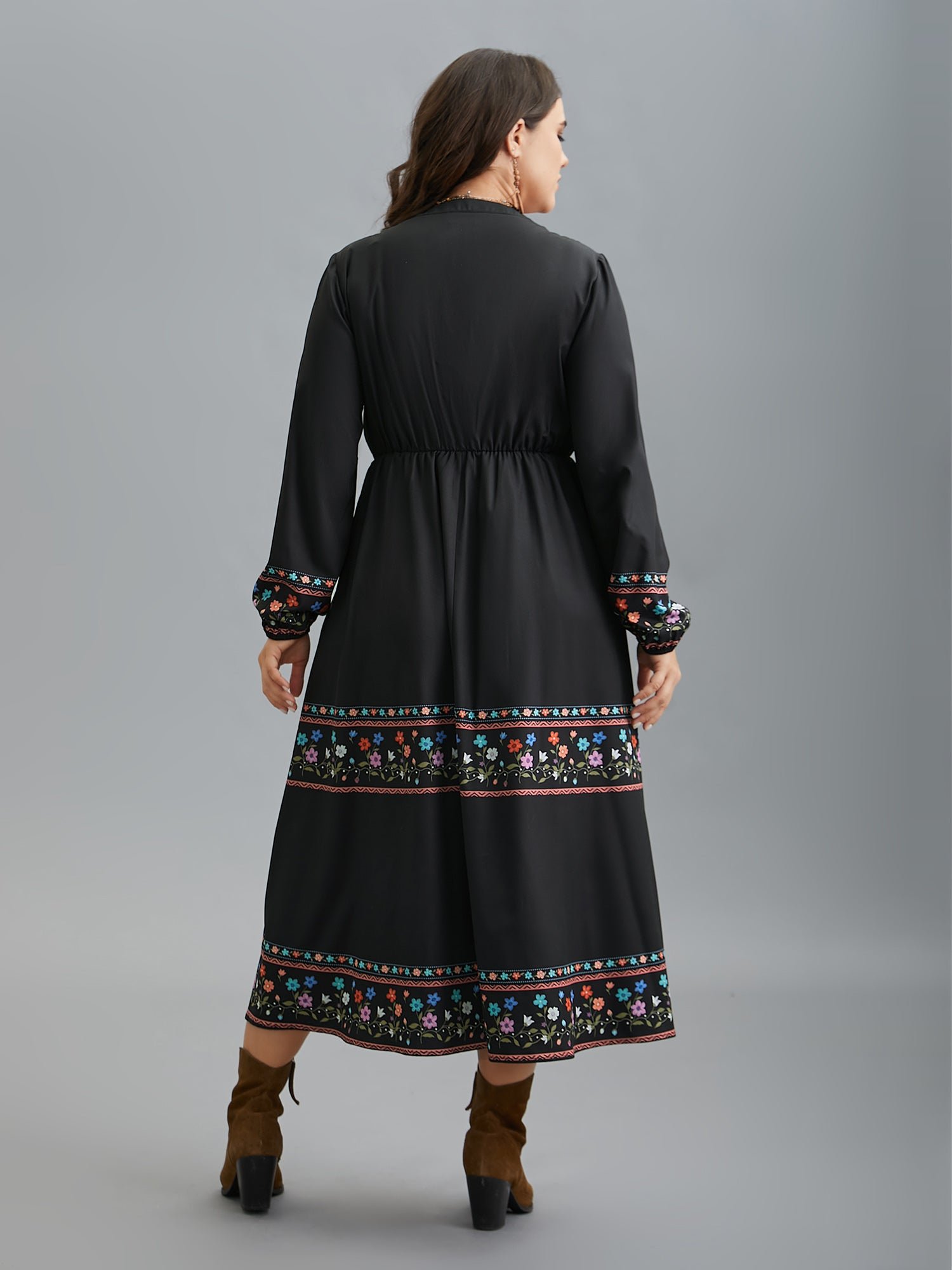 Notched Collar Boho Print Midi Dress - Image 5