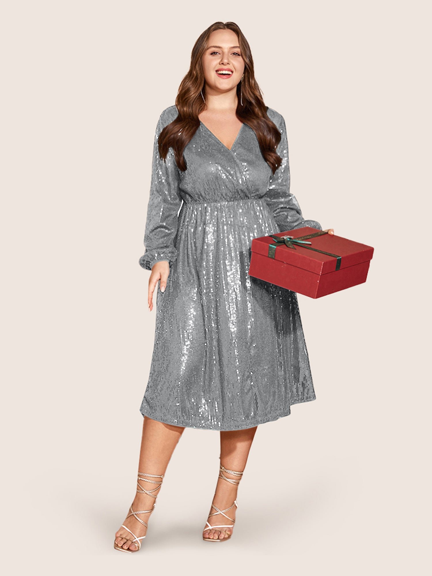 Solid Pocket Lantern Sleeve Wrap Sequin Dress - Image 46
