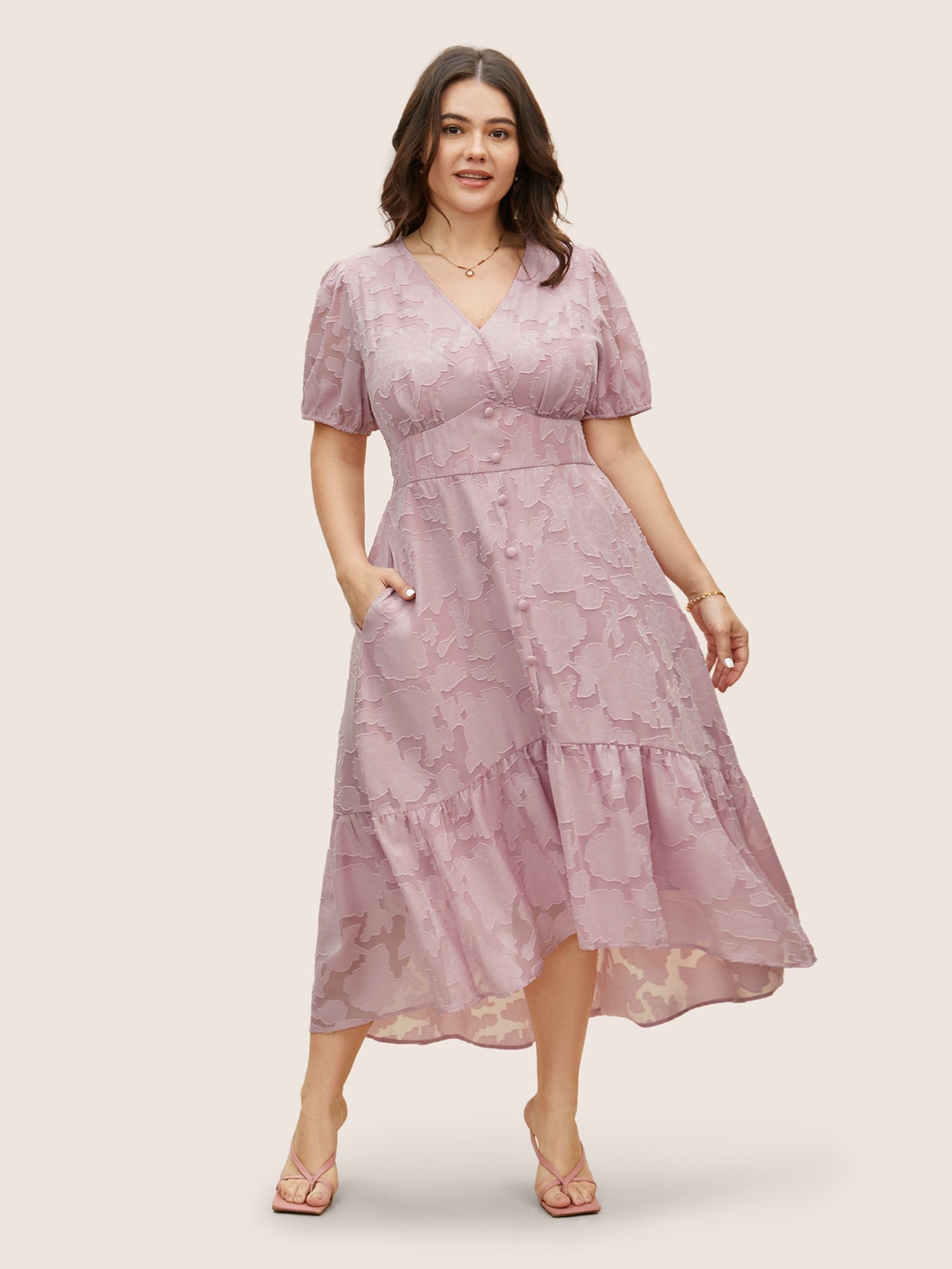 Solid Textured Lantern Sleeve Button Detail Dress - Image 16
