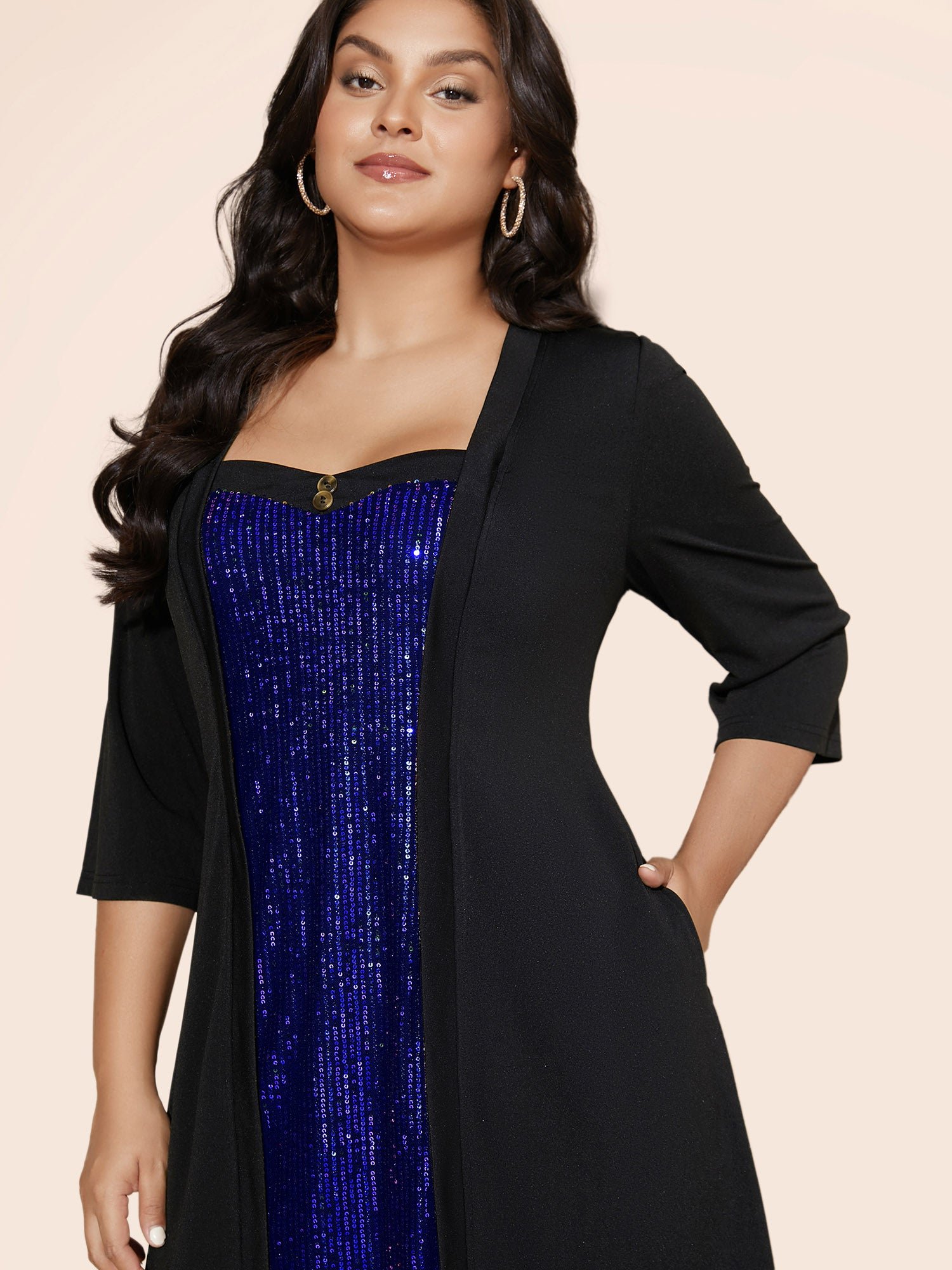 Heart Neckline Patchwork Sequin Button Detail Dress - Image 15