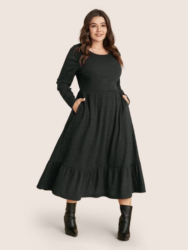 Solid Pocket Rib Knit Ruffle Hem Dress Without Belt - Image 66