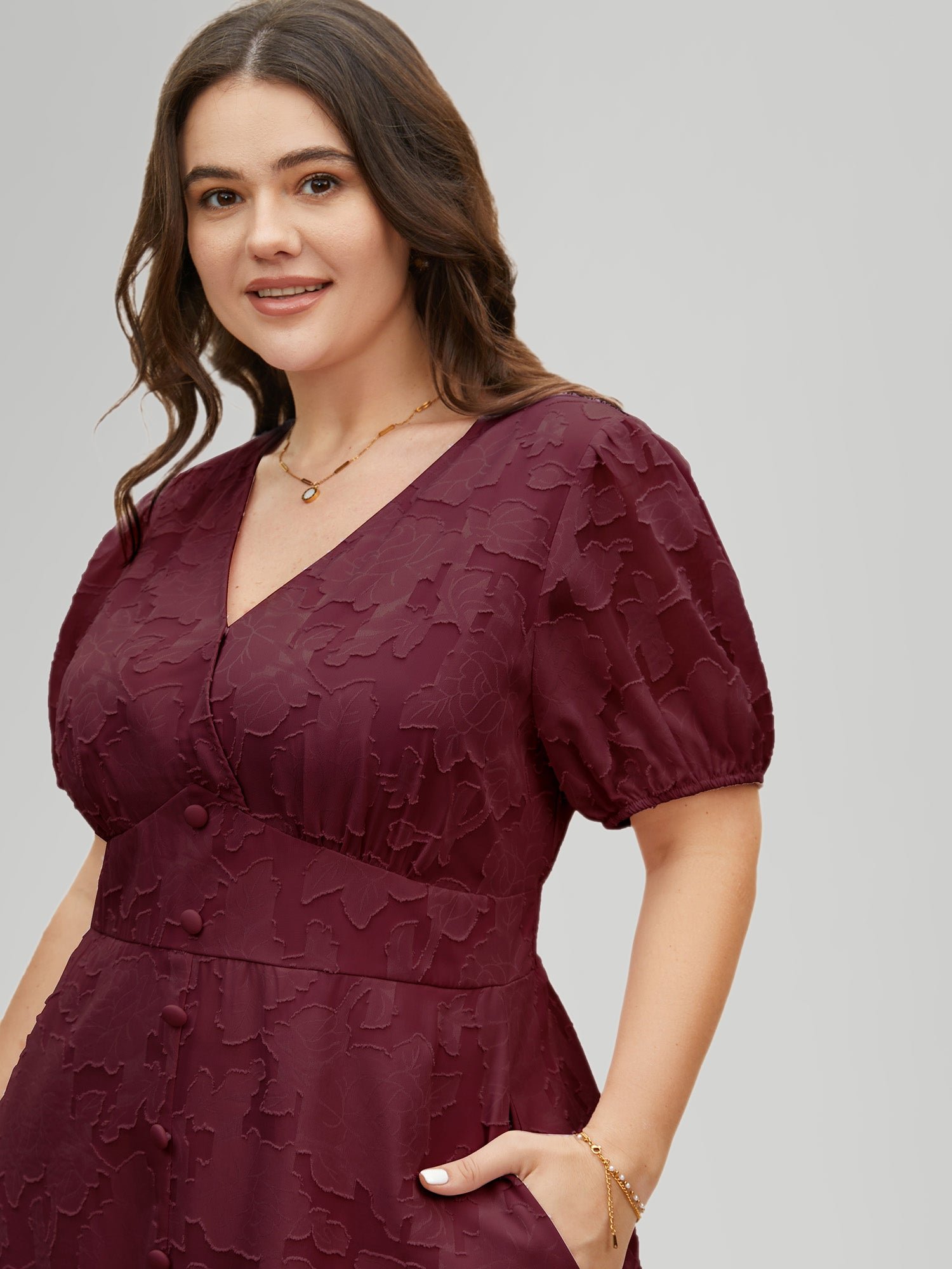 Solid Textured Lantern Sleeve Button Detail Dress - Image 3