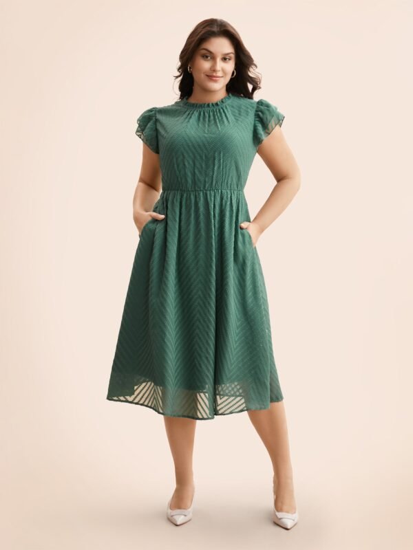 Plain Geometric Layered Sleeve Pocket Ruffle Mock Neck Dress - Image 14