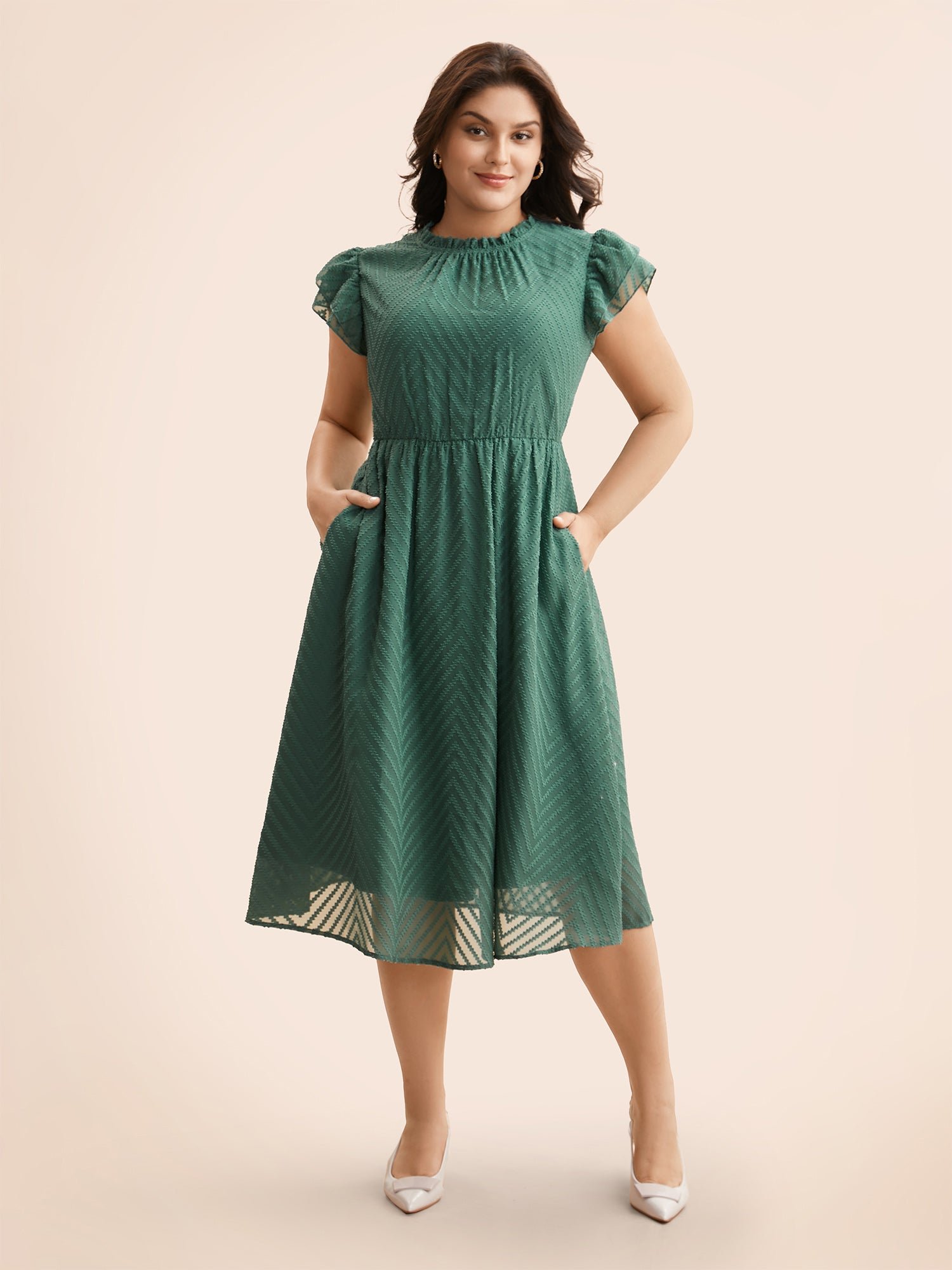 Plain Geometric Layered Sleeve Pocket Ruffle Mock Neck Dress - Image 14