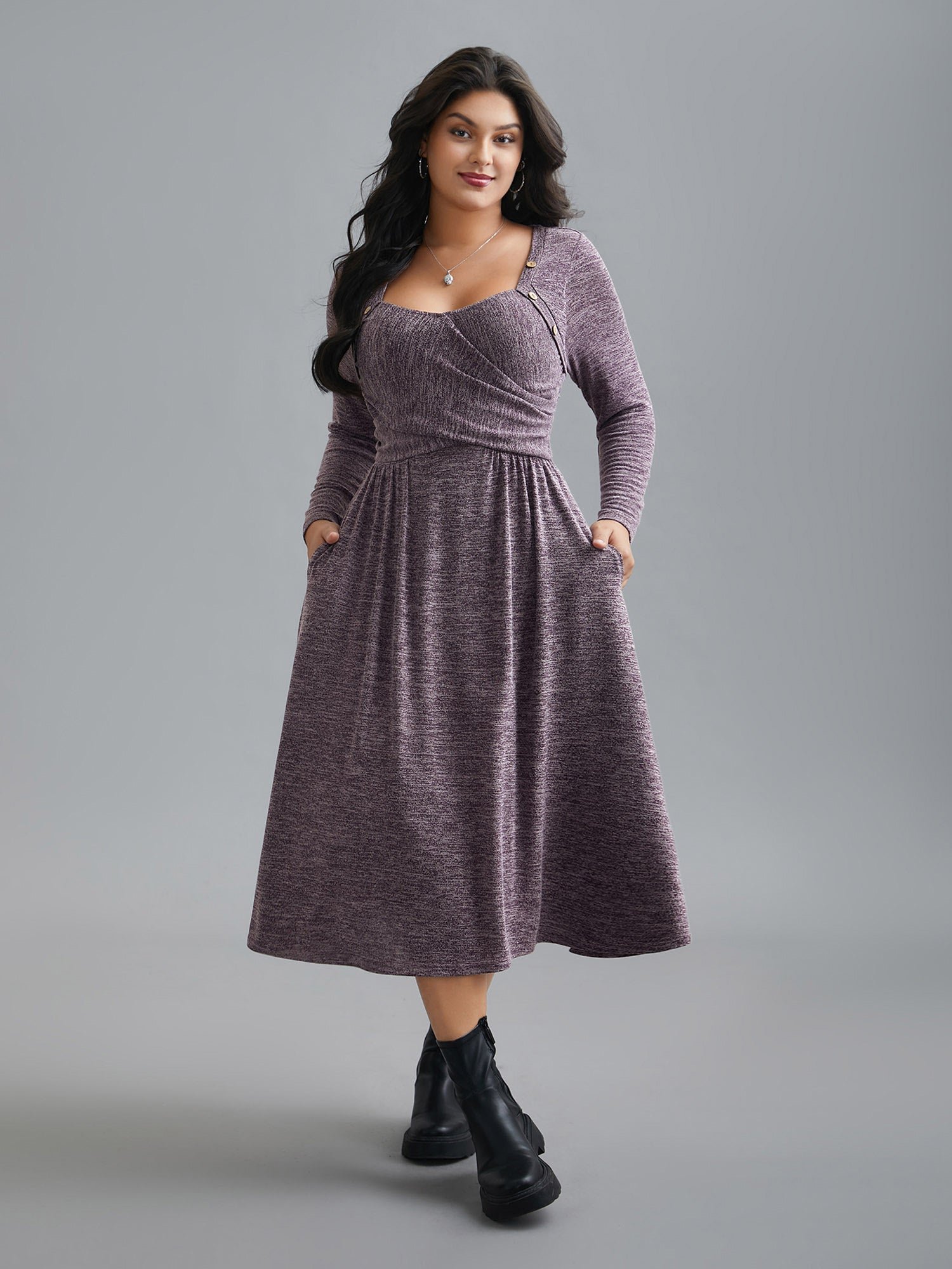 Heart Neckline Button Detailing Crossover Fit Dress - Image 3
