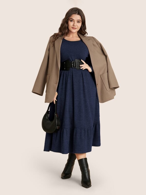 Solid Pocket Rib Knit Ruffle Hem Dress Without Belt - Image 41
