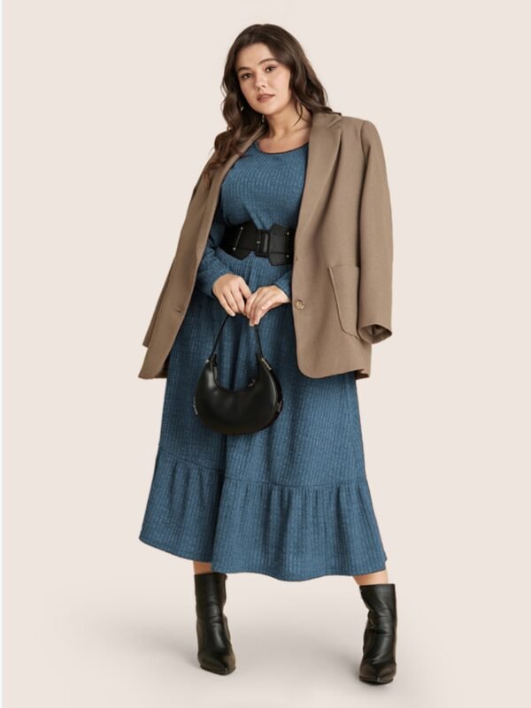 Solid Pocket Rib Knit Ruffle Hem Dress Without Belt - Image 44