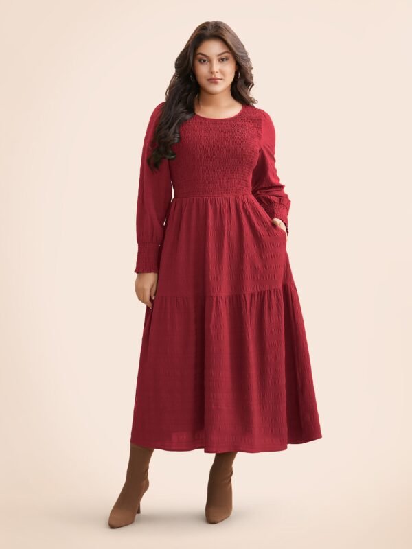 Plain Textured Shirred Midi Dress - Image 14