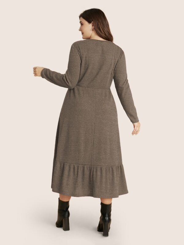 Solid Pocket Rib Knit Ruffle Hem Dress Without Belt - Image 63