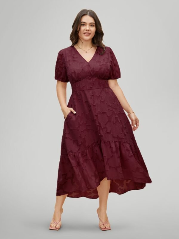 Solid Textured Lantern Sleeve Button Detail Dress - Image 2