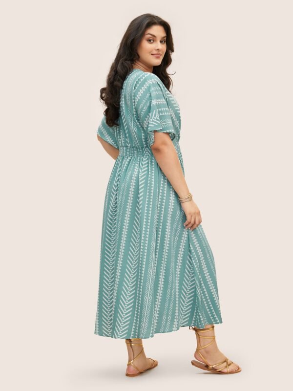 Solid Geometric Dolman Sleeve Pocket Shirred Split Hem Dress - Image 22