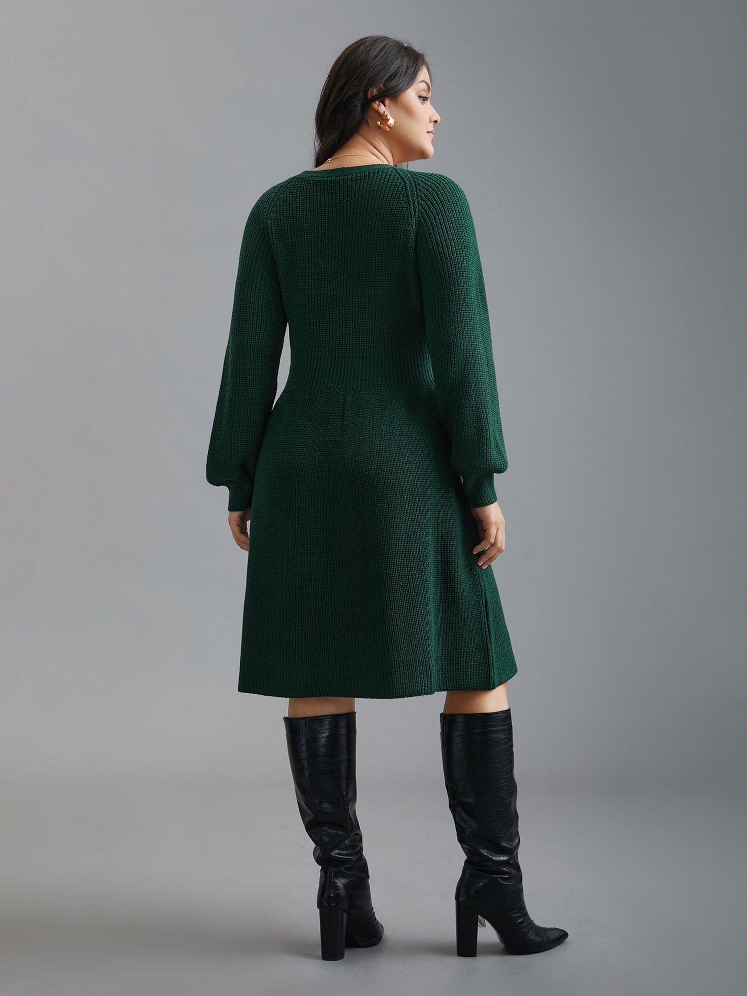 Raglan Sleeve Textured Button Detailing Dress - Image 2
