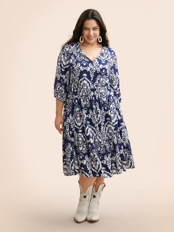 Boho Print Tie Knot Puff Sleeve Dress - Image 43