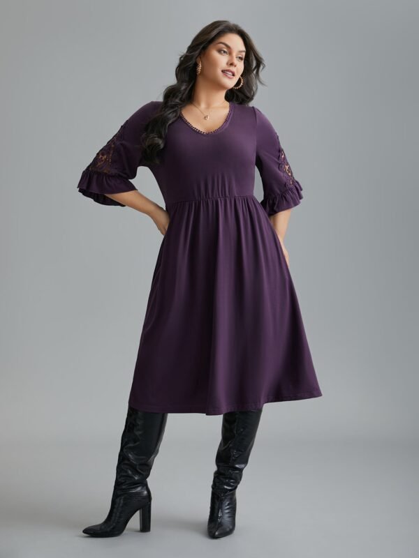 V Neck Plain Crochet Lace Mesh Dress - Image 4