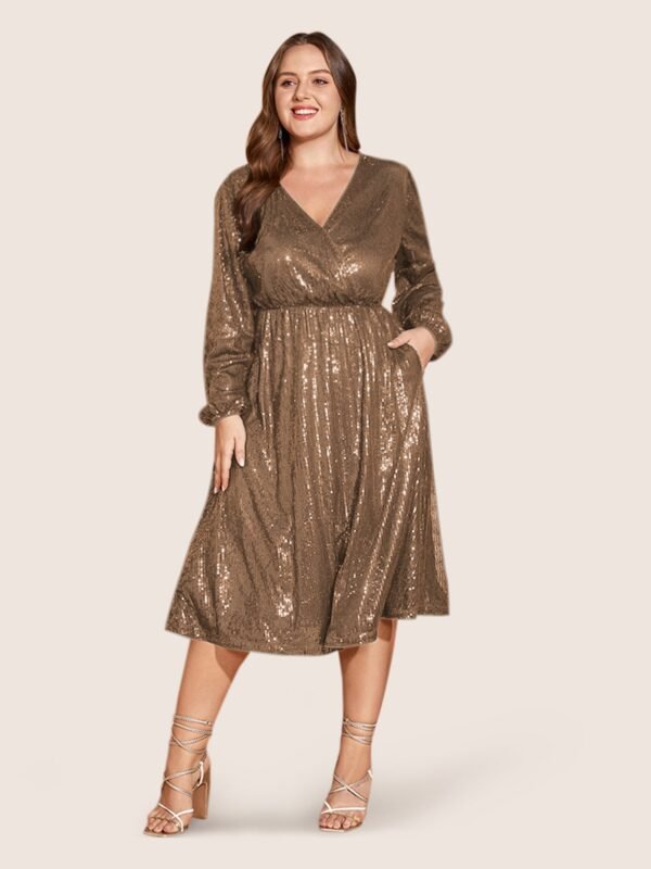 Solid Pocket Lantern Sleeve Wrap Sequin Dress - Image 29