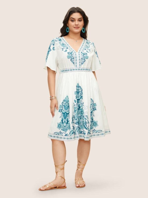 Bandana Print Ruffle Sleeve V Neck Pocket Knee Dress - Image 16