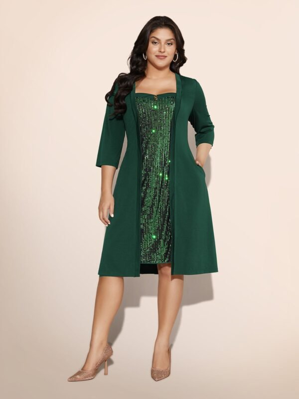 Heart Neckline Patchwork Sequin Button Detail Dress - Image 10