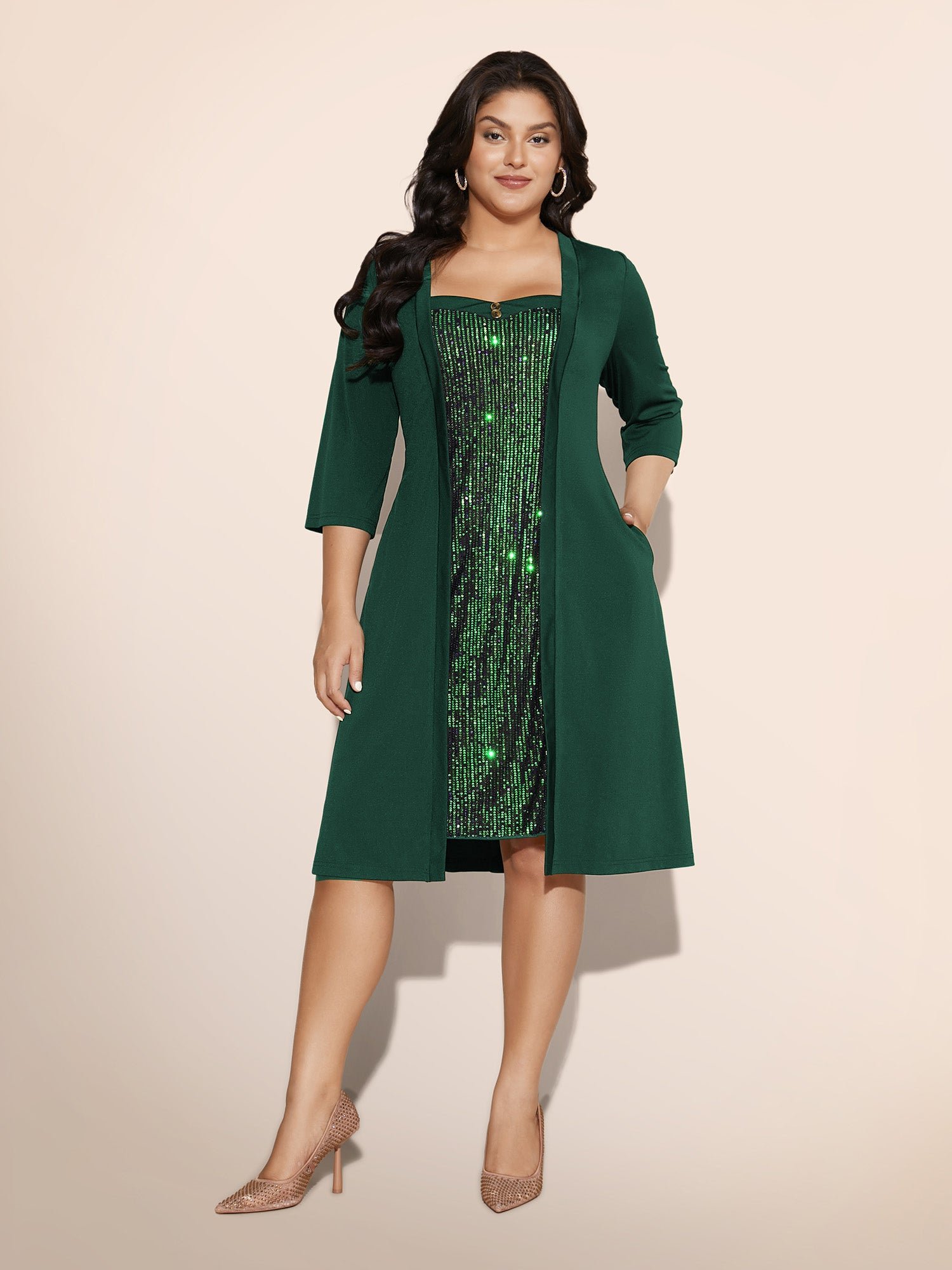 Heart Neckline Patchwork Sequin Button Detail Dress - Image 10
