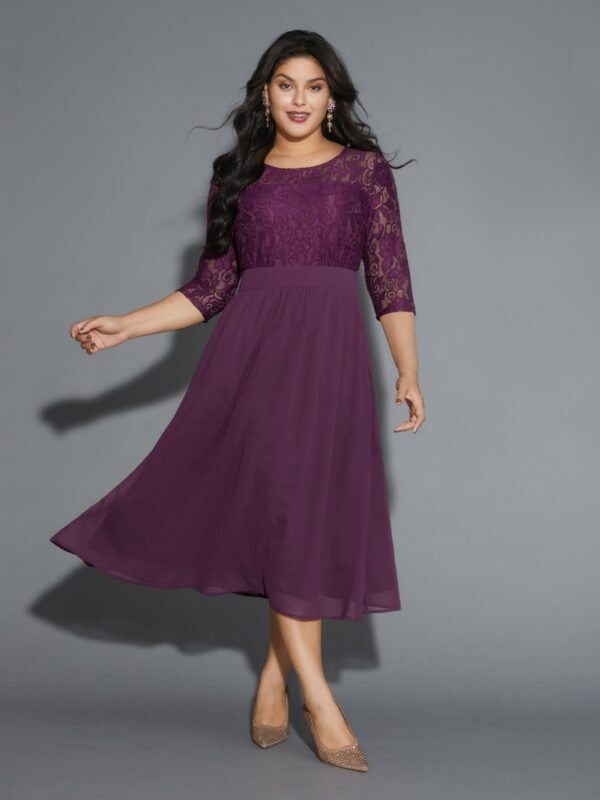 Lace Patchwork Shirred Midi Pocket Dress - Image 17