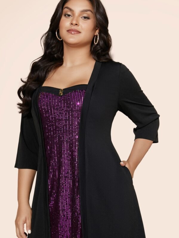 Heart Neckline Patchwork Sequin Button Detail Dress - Image 27