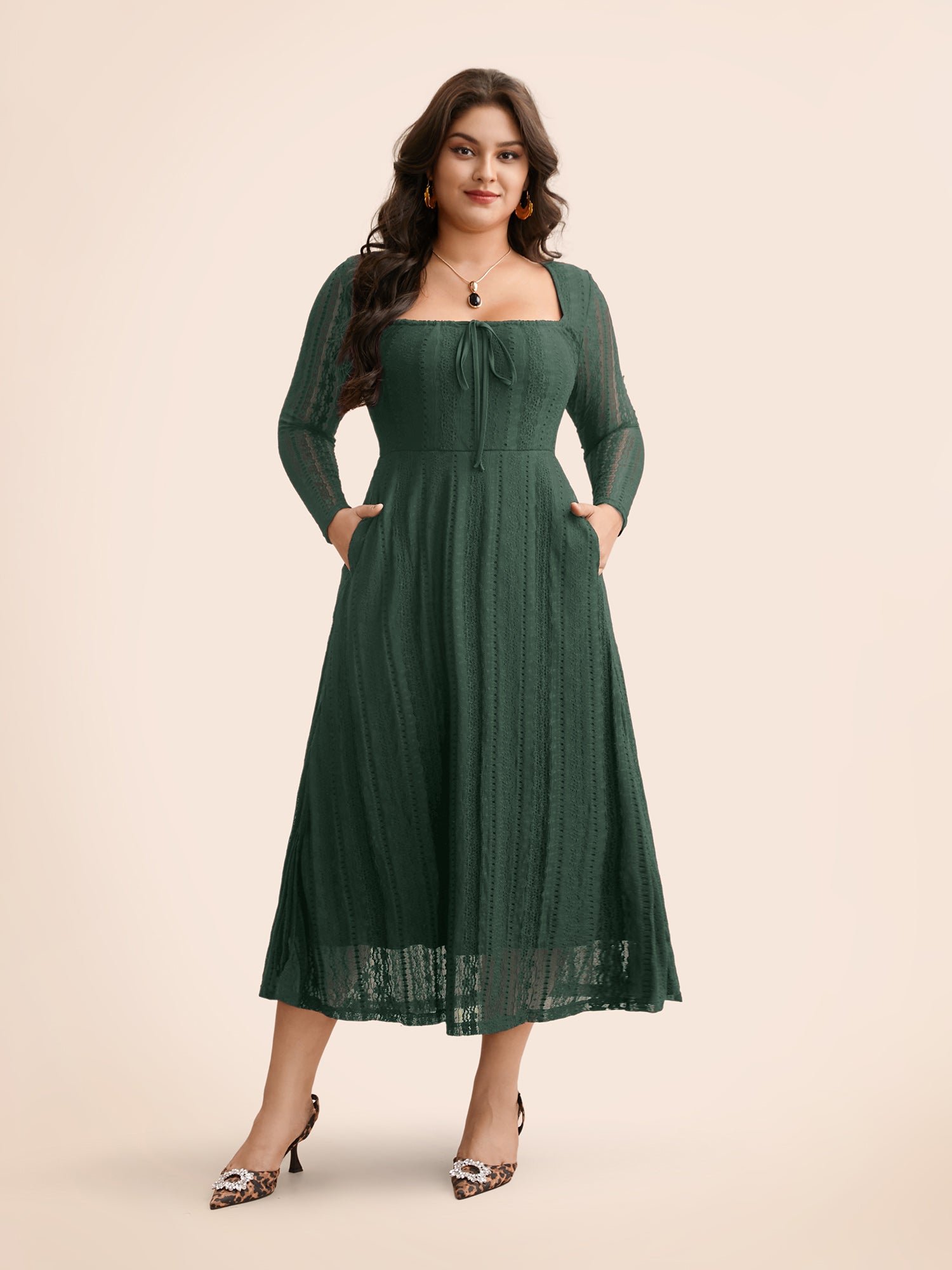 Lace Panel Square Neck Tie Knot Dress - Image 10