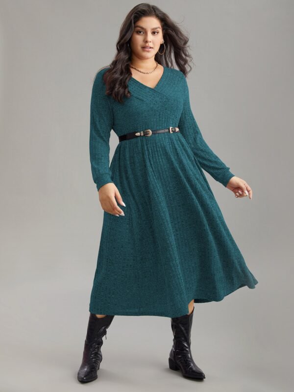 Rib Knit Plain Plisse Long Sleeve Dress - Image 24