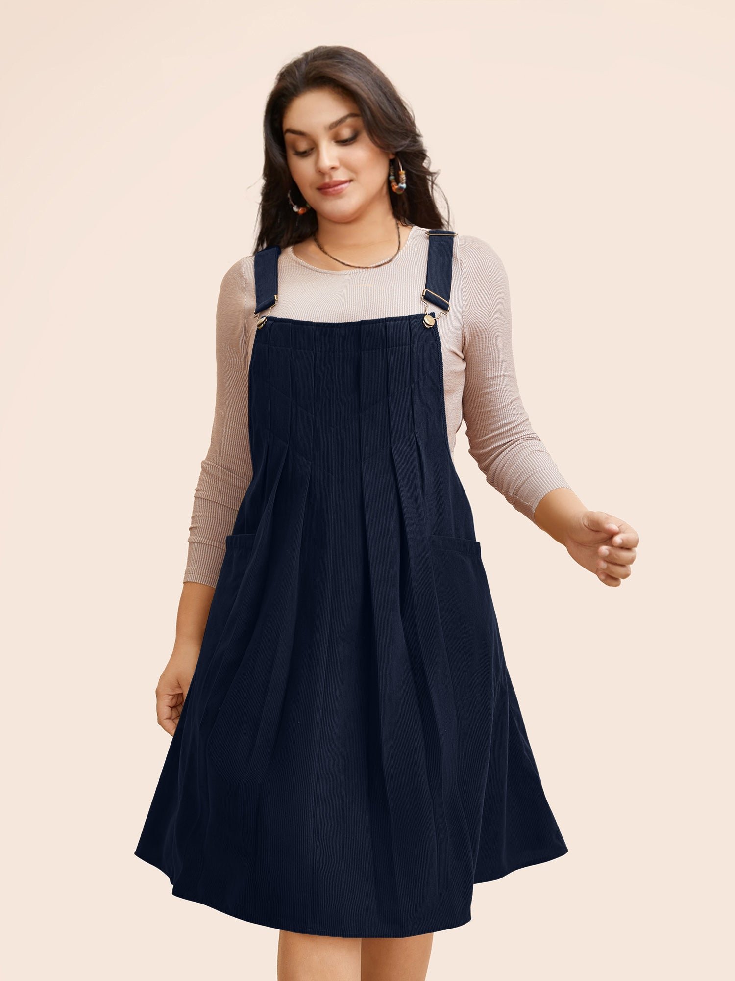 Solid Corduroy Pleated Overall Dress - Image 13