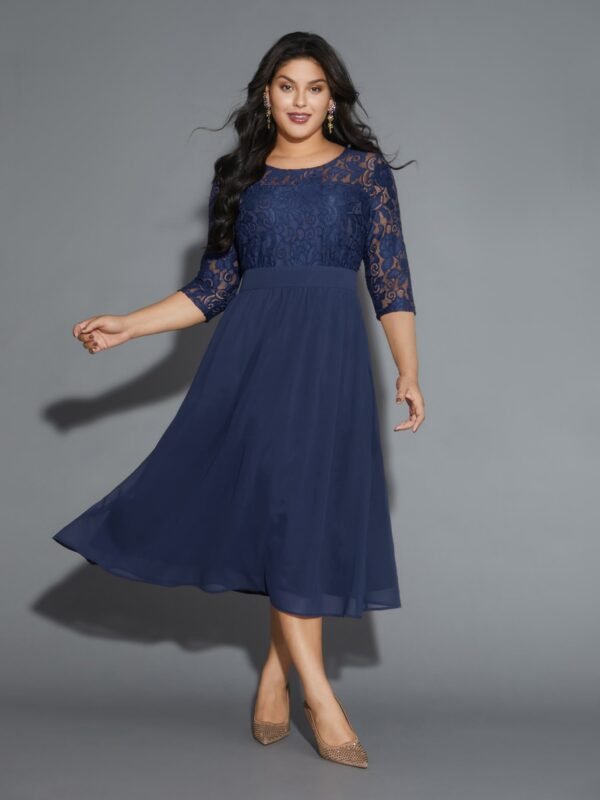 Lace Patchwork Shirred Midi Pocket Dress - Image 9